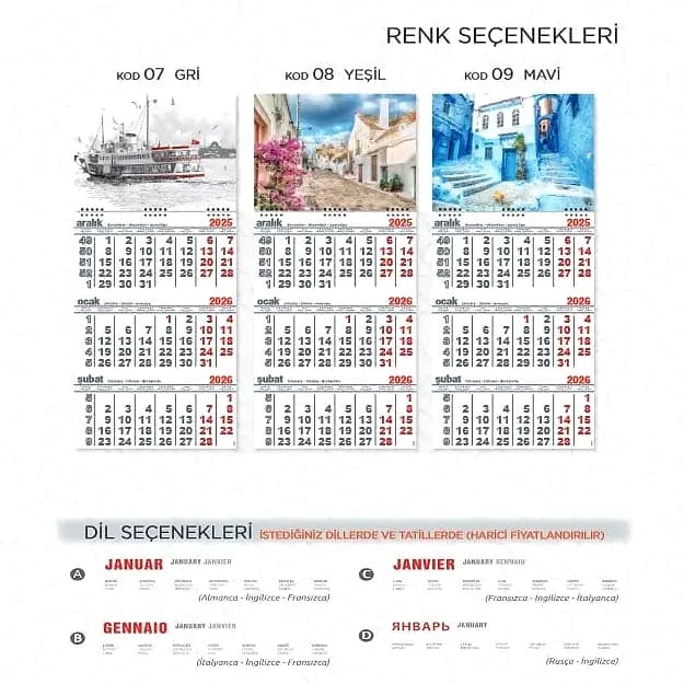 promosyon gemici takvimi, 2025-2026 yapraklı, üstte fotoğraf baskılı, gri yeşil mavi tonlarda