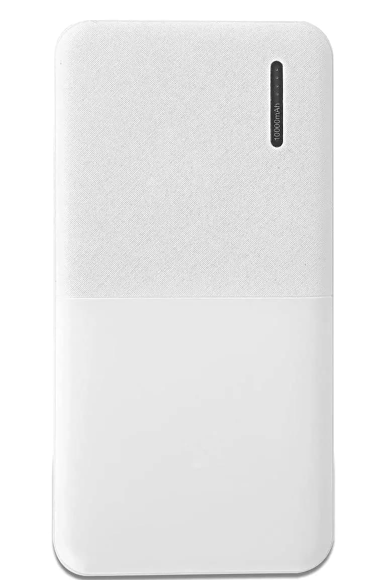 promosyon beyaz taşınabilir şarj aleti, sağ üstte siyah göstergede 10000 mAh yazısı, dokulu yüz