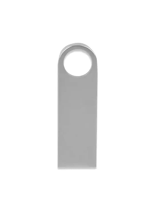 promosyon gri metal USB bellek gövdesi, dikdörtgen, üstte yuvarlak delik, yazısız, beyaz arka plan