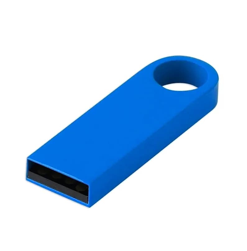 promosyon mavi plastik USB bellek, dikdörtgen gövde, yuvarlak delikli, siyah bağlantı uçlu, beyaz zemin