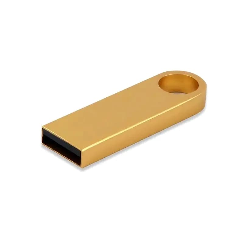 promosyon altın renkli metal USB bellek, dikdörtgen gövde, yuvarlak delikli uç, siyah bağlantı