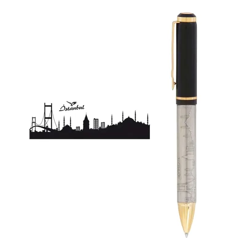 İstanbul silüetli şeffaf gövdeli promosyon kalem, altın konik uç