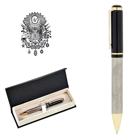 promosyon arma gravürlü gümüş gövdeli metal kalem, siyah altın kapak, krem içli kutu
