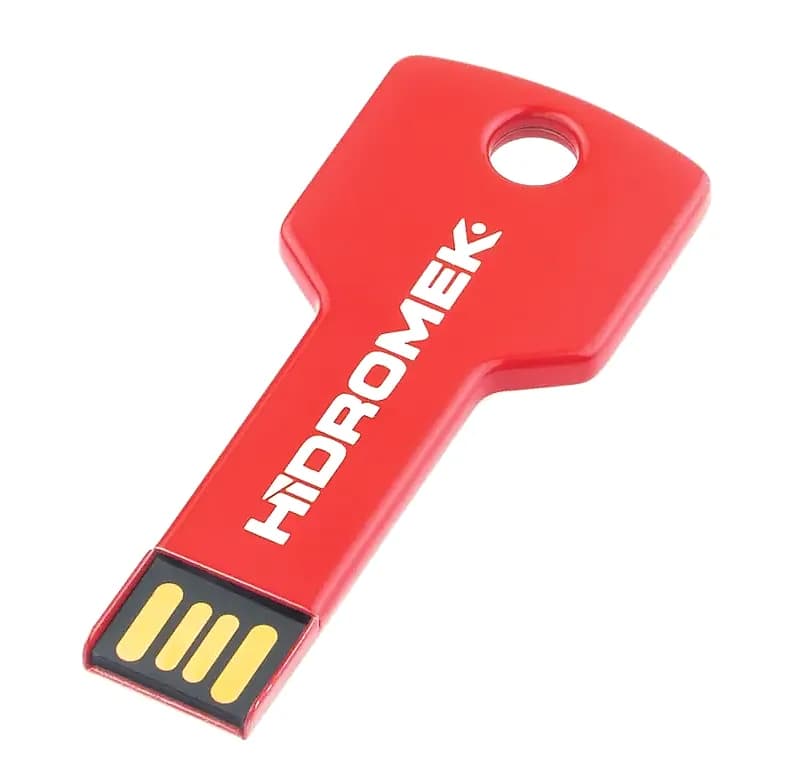 promosyon kırmızı anahtar şeklinde USB bellek, beyaz marka yazısı baskılı