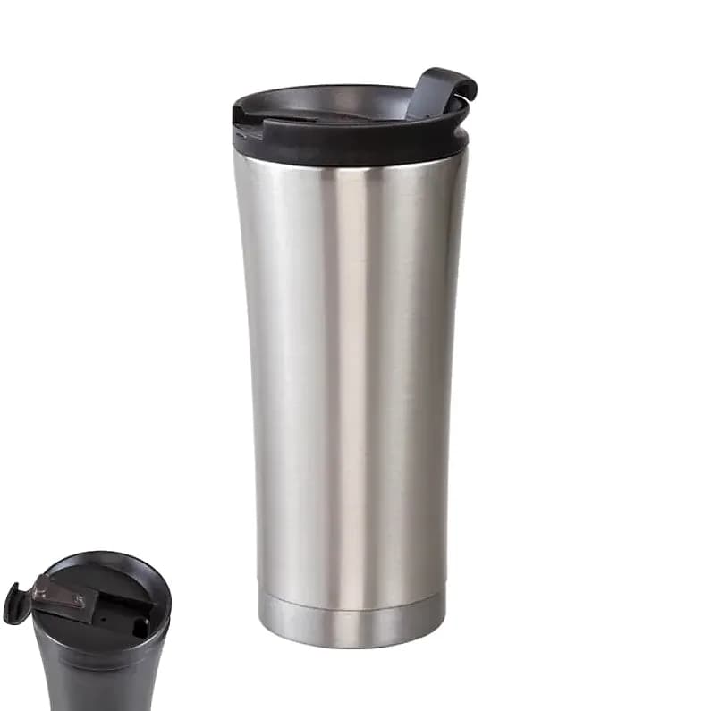 promosyon gümüş fırçalanmış termos, siyah kapak ve açık kapak detayı