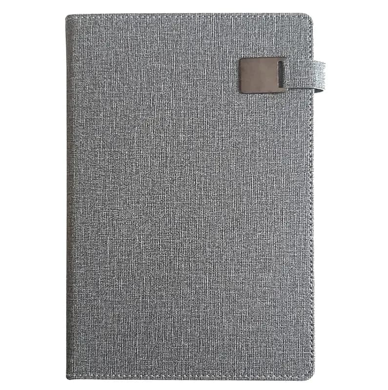 promosyon gri kumaş kaplı dikdörtgen defter, metal tutucu ve elastik bant, yazısız