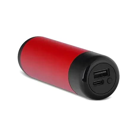 promosyon kırmızı silindirik el ısıtıcı powerbank, siyah uç ve USB çıkışı, diyagonal çekim