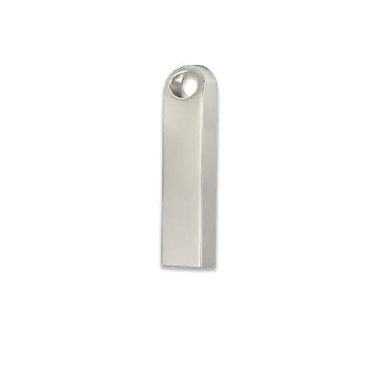 promosyon gümüş metal USB bellek, ince gövde ve askı deliği, beyaz fon