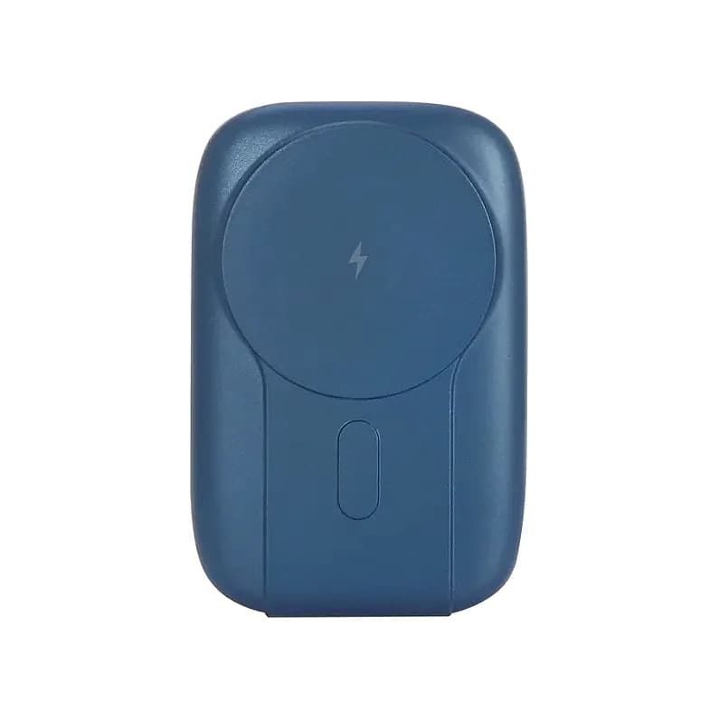 Lacivert promosyon powerbank, dairesel kablosuz şarj yüzeyi ve güç düğmesi