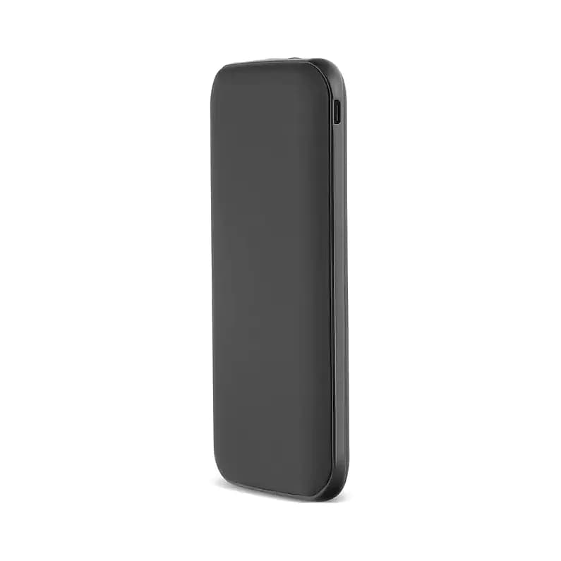 İnce siyah promosyon powerbank, yuvarlak köşeli ve yan düğmeli