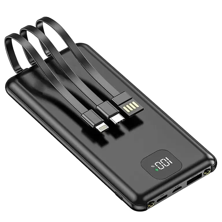 promosyon siyah powerbank, kıvrılmış üç kablo ve dijital yüzde göstergesi