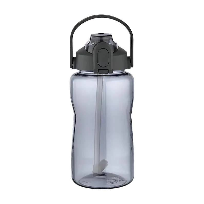 Dumanlı gri 1500 ml promosyon matara, ön yüzde kilit düğmesi ve taşıma halkası