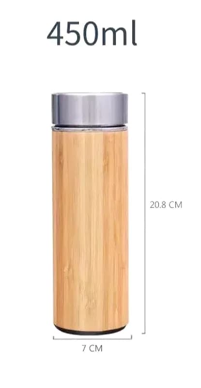 Bambu termos ölçü görseli, 450 ml hacim ve 20,8 cm yükseklik; promosyon ürünü, beyaz zemin
