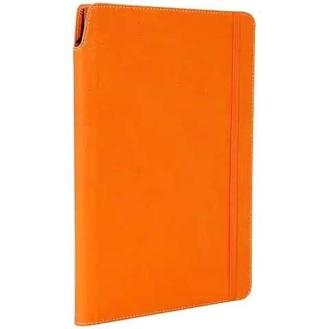 promosyon turuncu pürüzsüz deri defter, aynı renk dikey lastik bant ve beyaz fon