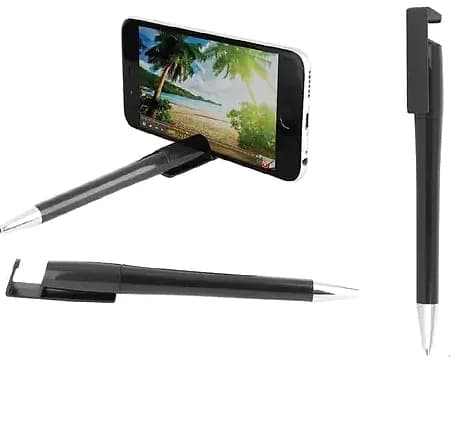 Telefon tutuculu plastik kalem, siyah gövde, gümüş uç ve metal klips; promosyon ürünü