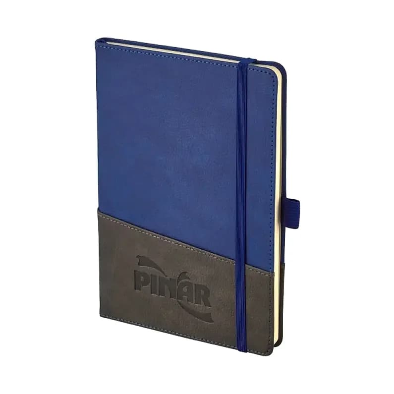 Lacivert üstü gri promosyon defter, lacivert lastik ve logolu alt kapak