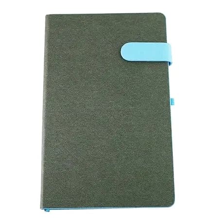 promosyon gri dokulu suni deri kapaklı defter, açık mavi lastik ve kalem halkası, beyaz fon