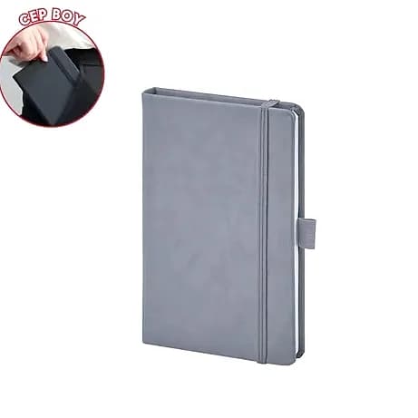 promosyon gri suni deri cep boy defter, lastik kapama ve kalem halkası, beyaz fon