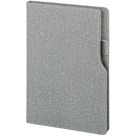 promosyon gri keten dokulu defter kapağı, ön yüzde kesim cep detayı, beyaz fon
