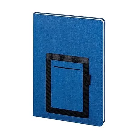 promosyon mavi suni deri defter, kapakta siyah kare telefon cebi, beyaz fonda çekim