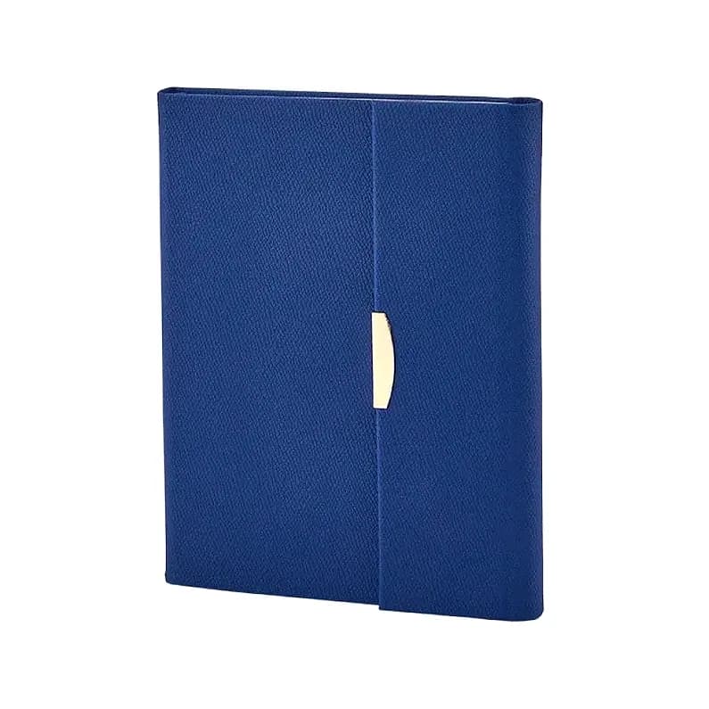 Lacivert suni deri kapaklı promosyon defter, dikey lastik bant ve altın toka