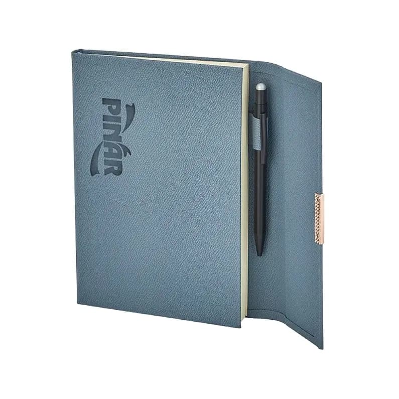 Gri mavi promosyon defter, logolu ön kapak, krem sayfalar ve siyah klipsli kalem