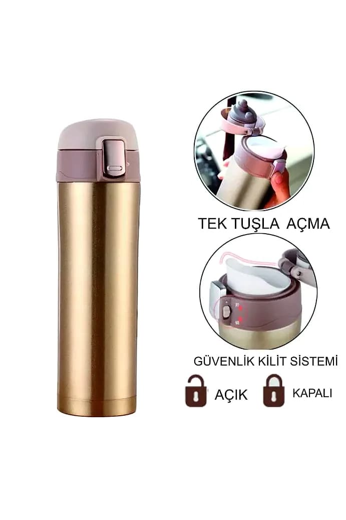 promosyon altın renkli metal termos, pembe kapaklı; tek tuşla açma ve güvenlik kilidi yazılı