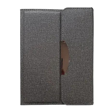 Koyu gri kumaş kaplı organizer defter, kapakta toka ve dikey kalem yuvası; promosyon