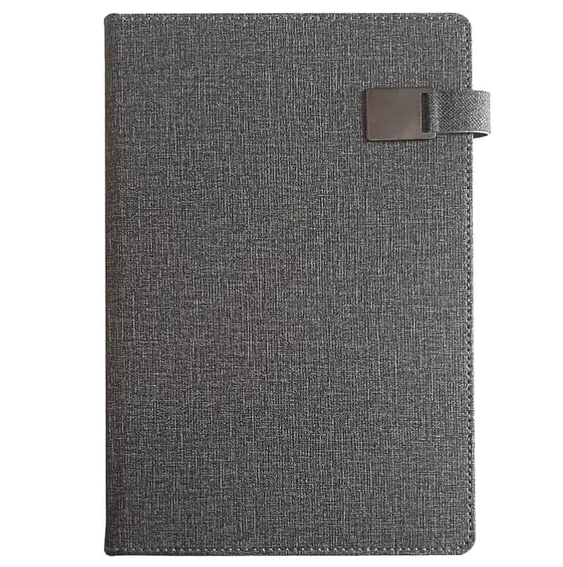 promosyon koyu gri dokuma kumaş kaplı defter, sağda elastik bant ve kare metal toka, baskısız