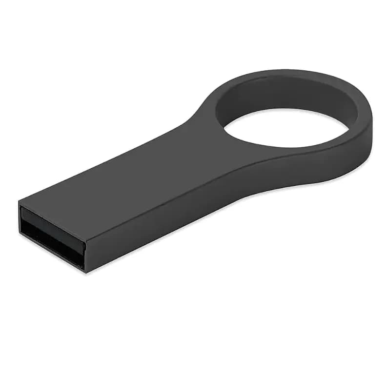 promosyon siyah mat USB bellek, dikdörtgen gövde, yuvarlak halkalı uç, yazısız, beyaz zemin