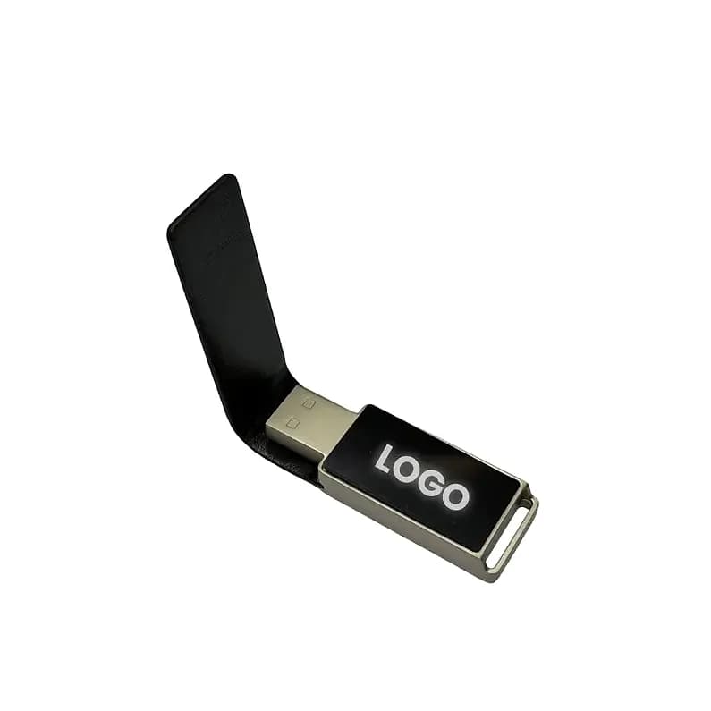 promosyon siyah deri kapaklı USB bellek, beyaz marka yazısı baskılı