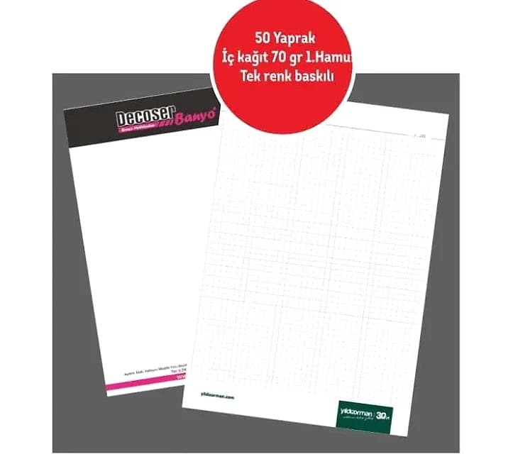 promosyon beyaz bloknotlar, gri zeminde kırmızı 50 yaprak etiketi ve kareli sayfa detayı