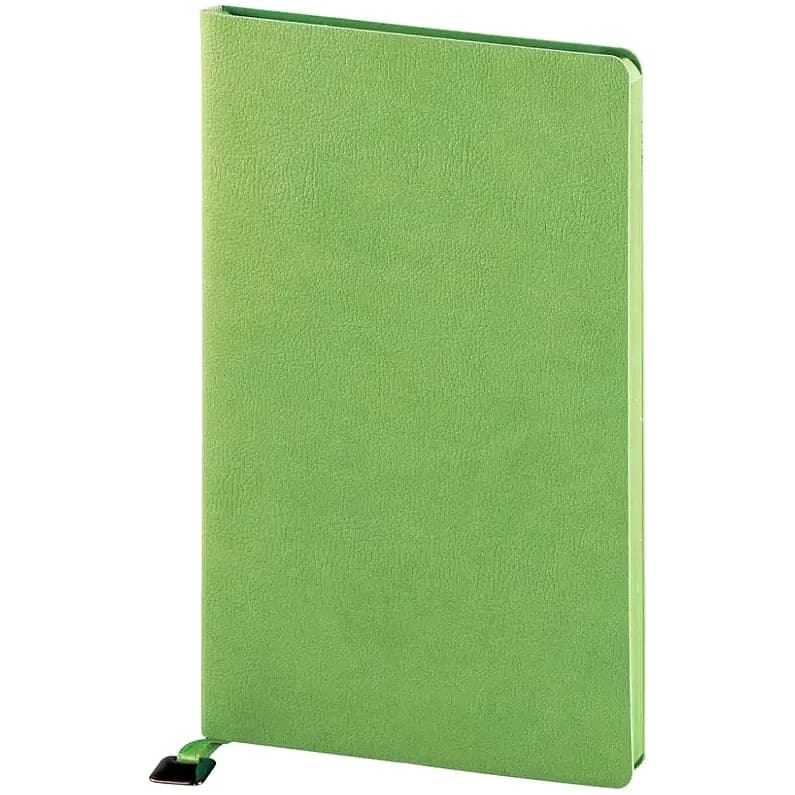 Mint yeşili yumuşak kapaklı promosyon defter, alt köşede yeşil ayraç lastiği