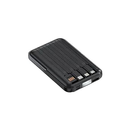 Promosyon powerbankin alt kenarındaki dört dahili kablo ucu ve USB-C girişi