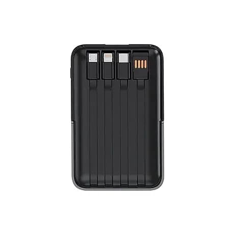 Promosyon siyah powerbank, gövdesine gömülü dört yassı kablo ucuyla