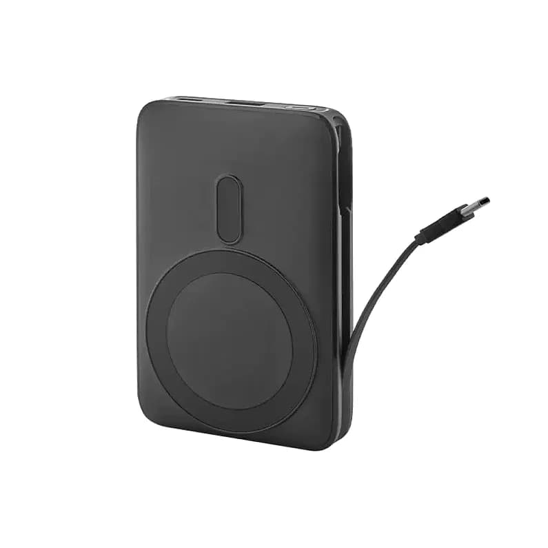 Siyah promosyon powerbank, yuvarlak kablosuz şarj alanı ve yan kablo