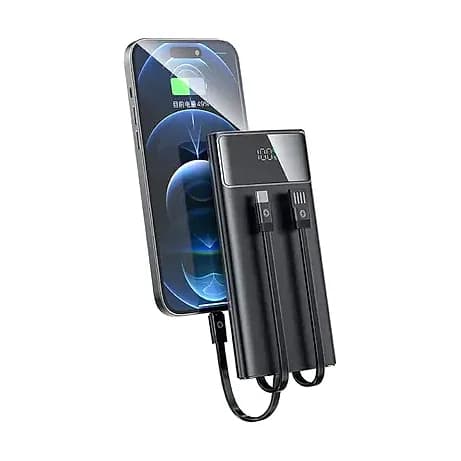Promosyon powerbank telefona kabloyla bağlı, gövdesinde iki gömülü kablo ucu