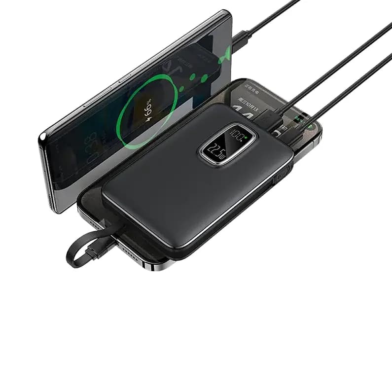 Promosyon siyah powerbank dahili kablosuyla telefonu şarj ederken, gövdede 22.5W dijital gösterge