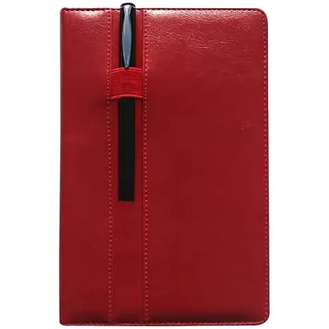 promosyon kırmızı suni deri defter kapağı, dikişli kenar ve siyah kalem tutucu