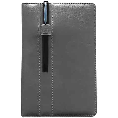 promosyon gri deri kapaklı defter, siyah kalem ve mavi klips detayı, beyaz fon