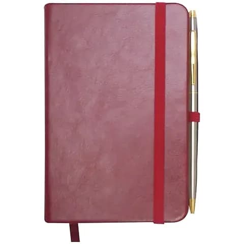 promosyon bordo hareli deri defter, gümüş altın kalem ve dikey lastik bant