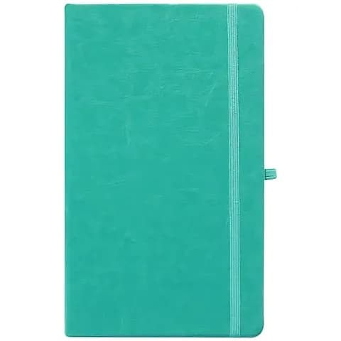 promosyon turkuaz deri kapaklı defter, aynı renk lastik bant ve kalem halkası