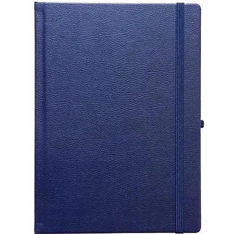 promosyon lacivert dokulu defter kapağı, sağda dikey lastik bant, yazısız, beyaz arka plan