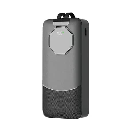 Promosyon dikey powerbank, üstteki iki askı halkası ve yeşil yüzde göstergesi