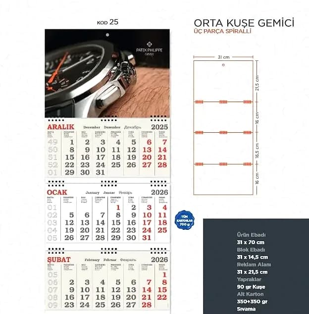 Spiralli Gemici Takvimi ve Orta Boy Kuşe; promosyon siparişlerinde kurumsal baskı için hazır