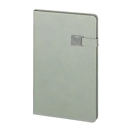 promosyon adaçayı gri suni deri kapaklı defter, gümüş metal kemer tokalı, önden çekim
