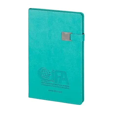 promosyon turkuaz dokulu suni deri defter, sol altta fuar logosu baskısı, siyah lastikli