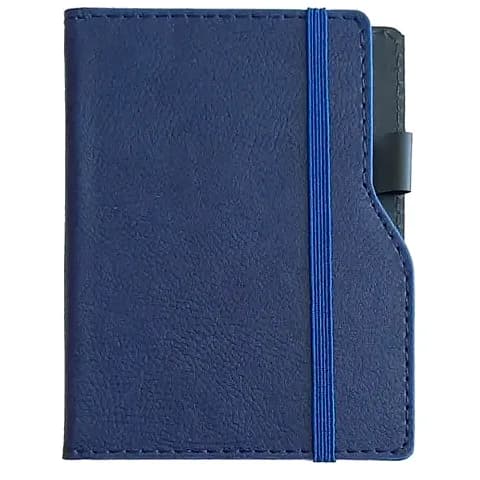 promosyon lacivert dokulu defter kapağı, dikey mavi lastik bant, siyah kalem halkası, beyaz zemin