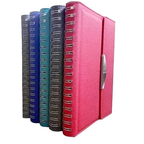 promosyon beş adet spiralli defter seti, pembe siyah turkuaz mavi ve gri dokulu kapaklar, gümüş halka