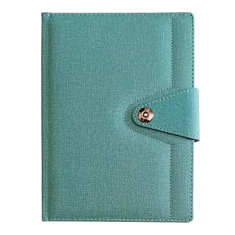 promosyon su yeşili kumaş kaplı defter, sağda metal düğmeli kapak, tek adet, beyaz arka plan